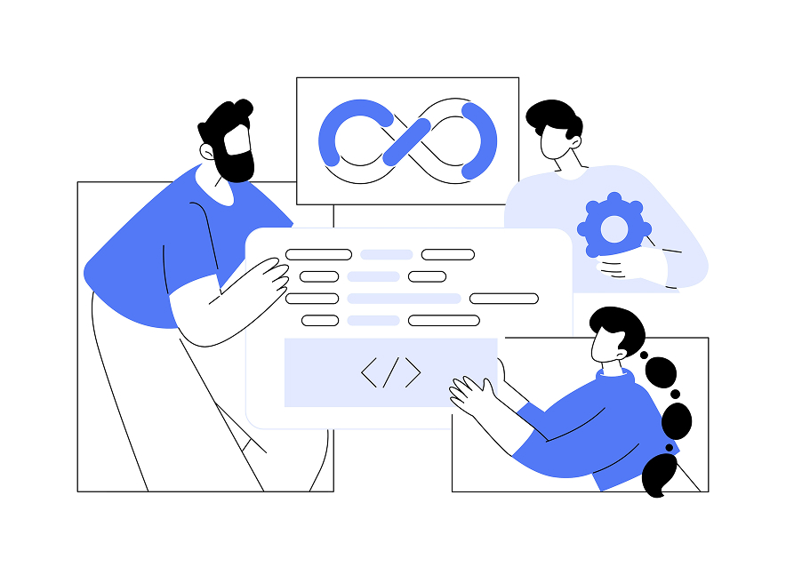 Illustration of a team working on DevOps processes, automation, and cloud integration.